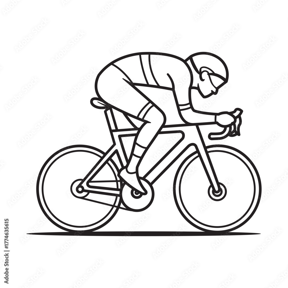 Naklejka premium Cyclist Riding a racing bicycle in sprint motion, side view, aerodynamic frame geometry, high-contrast black outline. Professional road bike rider vector illustration in minimalist outline style.
