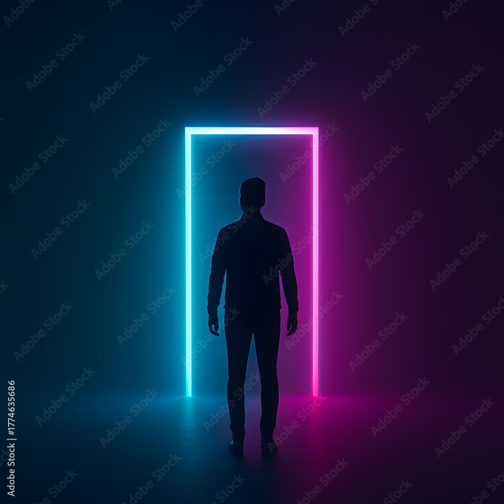 Obraz premium Silhouette Walking Through Neon Portal in Futuristic Atmosphere