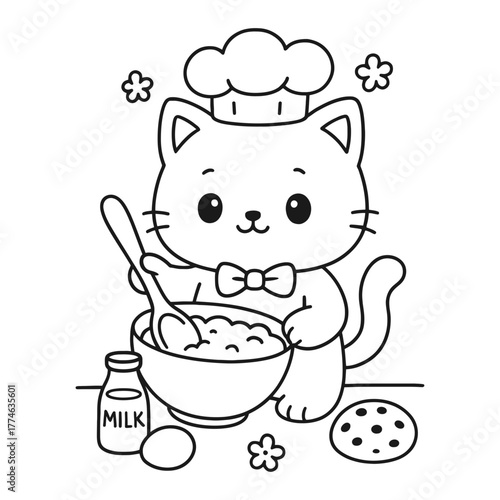 Cats making dough. Hand-drawn coloring pages