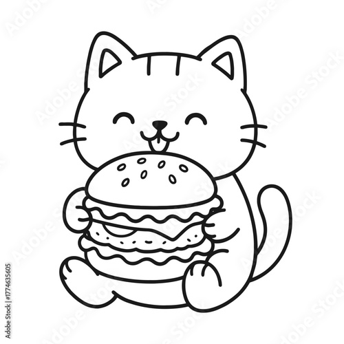 Cat eating burger. Hand-drawn coloring pages
