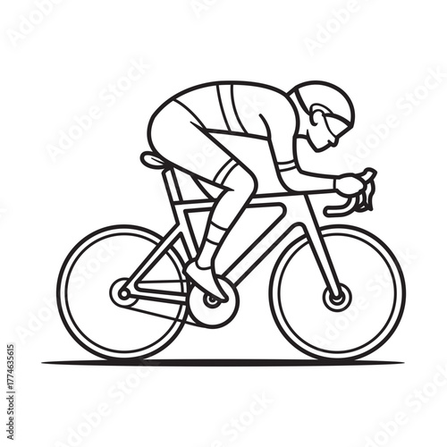 Cyclist Riding a racing bicycle in sprint motion, side view, aerodynamic frame geometry, high-contrast black outline. Professional road bike rider vector illustration in minimalist outline style.