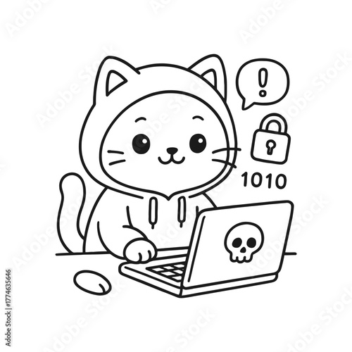 Cat becomes a hacker. Hand-drawn coloring pages