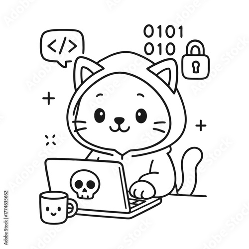 Hacker cat. Hand-drawn coloring pages