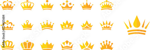 Various golden crown icons displayed on white background, Royal themed golden crown collection vector