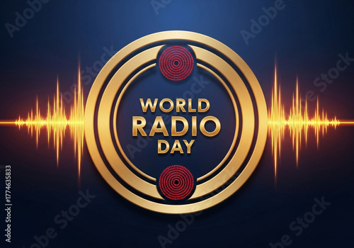 Golden world radio day emblem with sound wave equalizer on a dark blue background, celebrating communication and broadcasting