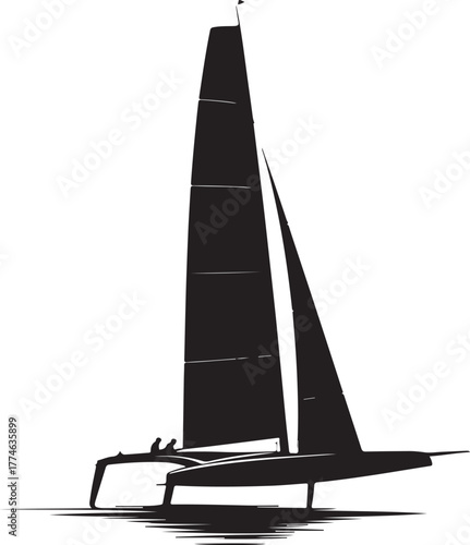  Black silhouette of sailboat racer, white background, minimal style