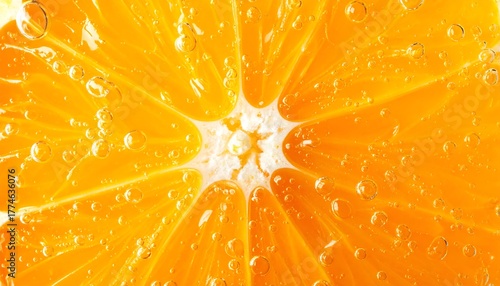 Macro shot showcasing the vibrant, juicy interior of a citrus fruit slice, with tiny air bubbles clinging to the segments