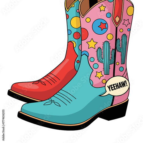 Cartoon cowboy boots Red turquoise and pink with cacti stars and Yeehaw
