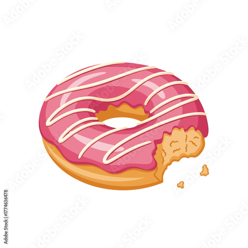 A delicious pink frosted donut with white stripes, featuring a bite taken out of it and crumbs, isolated on a white background.