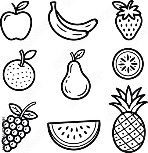 Fruit icons apple banana strawberry orange pear kiwi slice watermelon slice pineapple