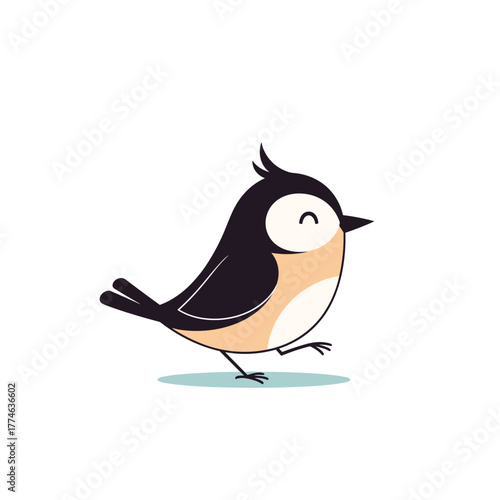 An adorable black and peach-colored cartoon bird with a happy smile taking a cheerful stroll on a simple white background.
