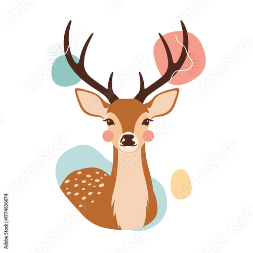 A charming cartoon deer with antlers and rosy cheeks, set against soft abstract shapes, perfect for a whimsical design.