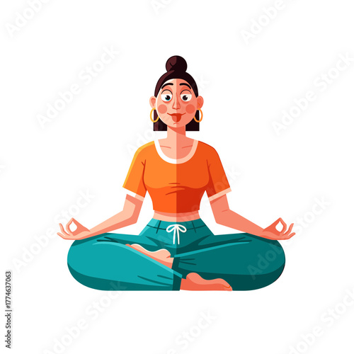 Cartoon woman in lotus position with orange top and turquoise pants