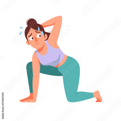 Exhausted Woman in Workout Pose with Sweat Drops and Concerned Expression