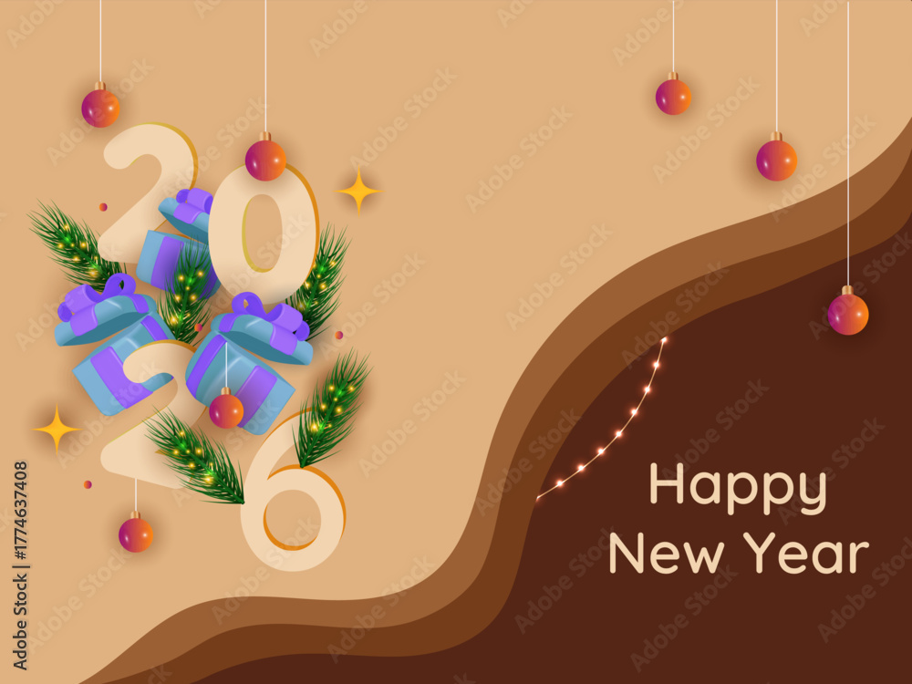 Naklejka premium Happy New year 2026 typography with realistic 3d gifts, pine tree and decorative objects. Vector Illustration.