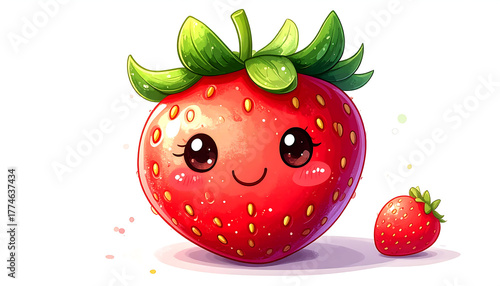 AI-generated image of A cheerful cartoon style strawberry with expressive eyes, rosy cheeks, and a friendly smile, paired with a realistic strawberry. This playful digital artwork for children.