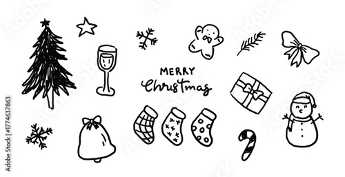 Christmas cute simple doodle,  new year greetings, gift boxes, snowman, bell, stockings
