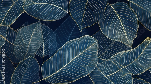 Deep blue background with gold lines depicting leaves and intricate vein details