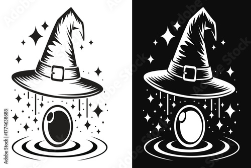 This striking artwork presents two contrasting versions of a witch hat hovering over a magic orb. On the left, the design is set against a white background, while the right features a bold black backg