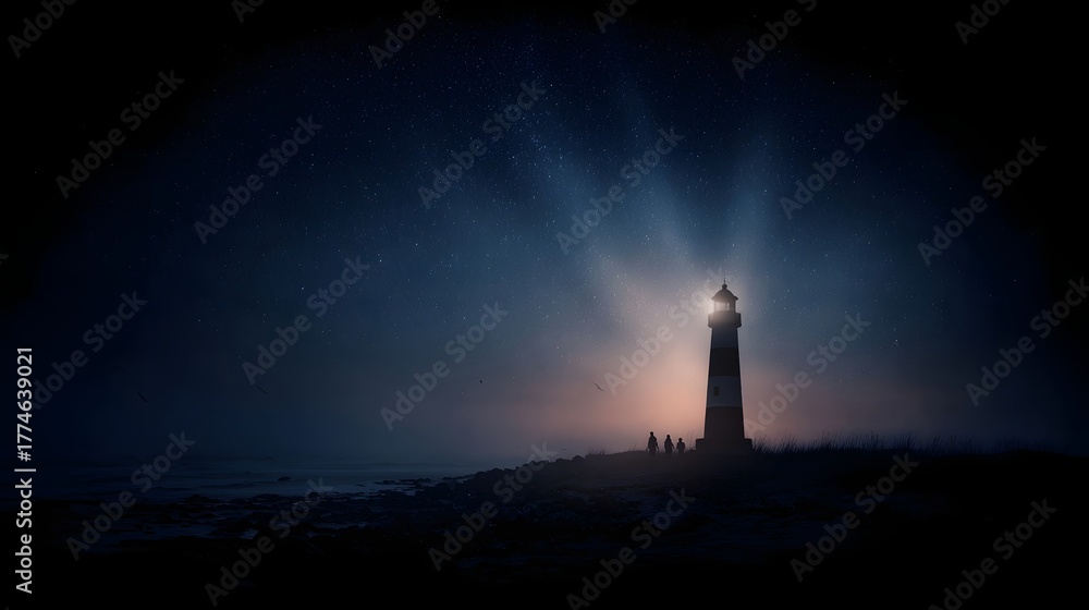 Naklejka premium A solitary lighthouse stands tall on a rocky coast casting its guiding beam into the misty night sky filled with stars