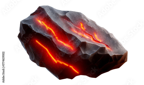 Fiery Rock with Glowing Lava Veins Isolate on Transparent Background, cutout, png