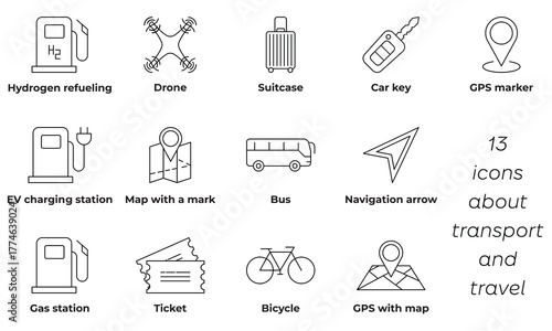 Transport and travel outline icon set. Can be used for any platform action promotion and advertising mockup. Isolated symbol sign used for: mobile, app, design, web, dev, ui, ux, gui. EPS 10.