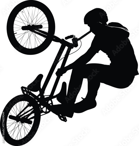 BMX freestyle rider performing aerial trick stunt silhouette vector illustration for extreme sport, urban cycling, action design, adrenaline, competition lifestyle graphics