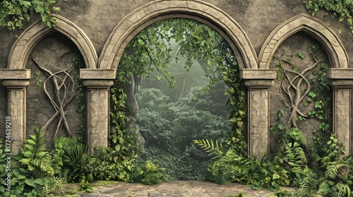 Stone archways overlooking a lush, green forest filled with abundant foliage and vines