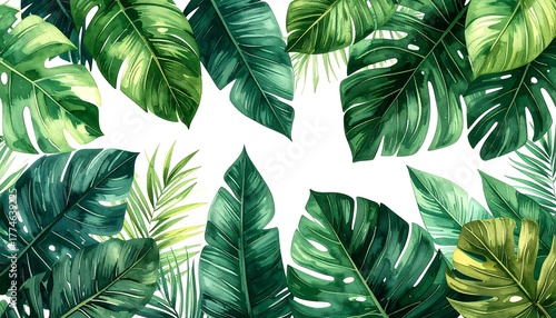 Lush green tropical leaves, painted with watercolor techniques, form a border on a stark white background, creating a vibrant botanical design