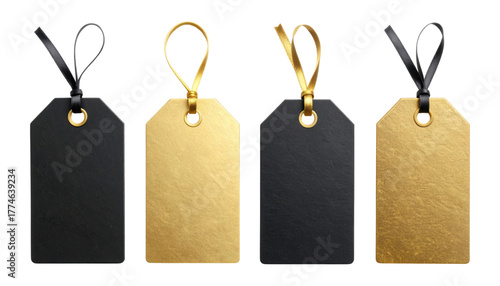 Blank collection of small unbranded gift tags mockup in black and gold cardstock with punched holes and thin ribbon loops, isolated on transparent background, png