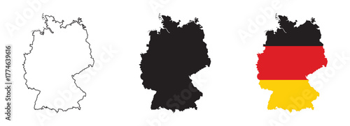 Set of Germany map designs outline, black silhouette, and national flag version isolated on white background