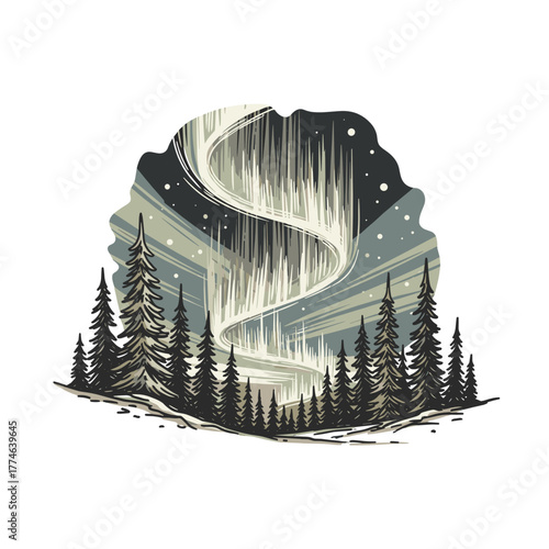 Aurora Borealis illuminating snowy forest landscape at night  