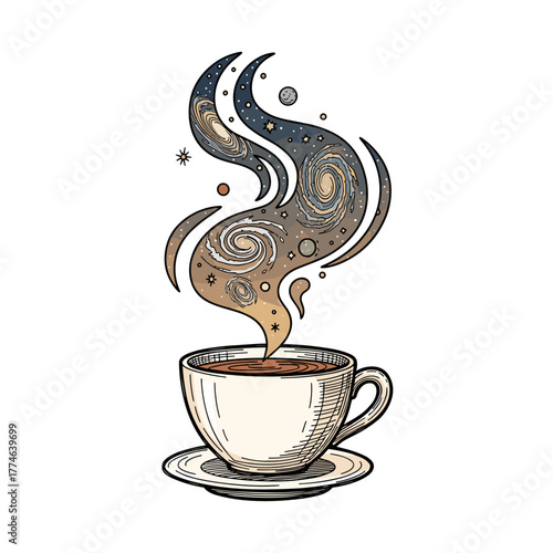 Hot tea steaming with galaxies swirling above a white cup  