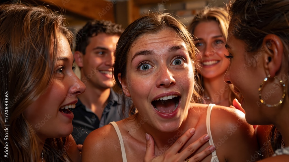 Obraz premium Authentic moment of joyful surprise with genuine delighted reaction and warm golden light atmosphere capturing spontaneous human emotion