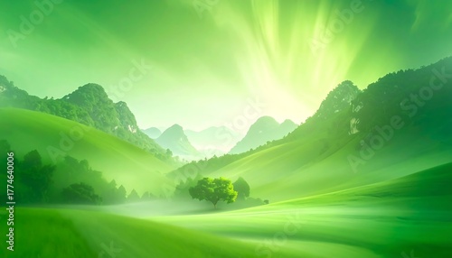 Lush green valley vista, soft, hazy light filters through mountain peaks, creating a peaceful, serene, and vibrant scene