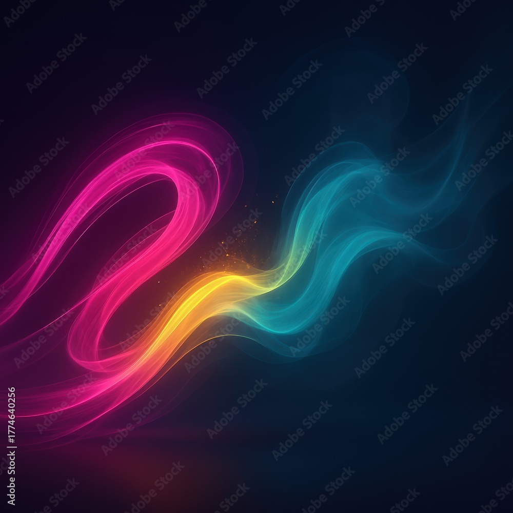 Obraz premium Abstract light painting with pink, yellow, and blue waves on a dark backdrop.