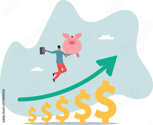 Saving or investment profit, compound interest graph or wealth incremental, investment earning from stock market or mutual fund about a man and his life..