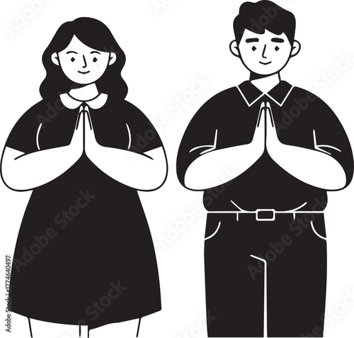 Polite Greeting:  A monochromatic image depicts a woman and a man in a gesture of respect, the simple lines conveying a message of courtesy and harmony.