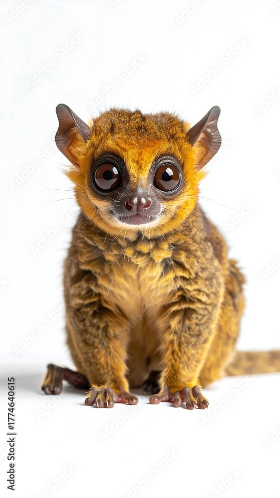 Obraz premium Adorable golden-brown lemur with big, round eyes sitting against a white background