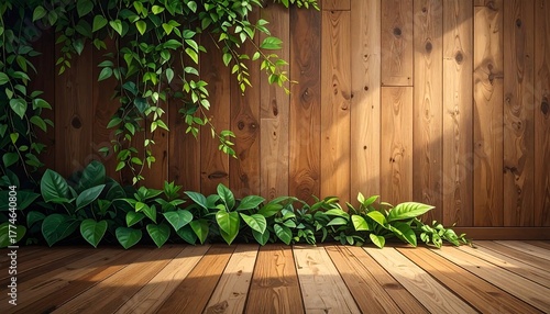 Lush green vines and leaves cascade across a warm wooden wall and floor, bathed in sunlight, creating a natural indoor scene