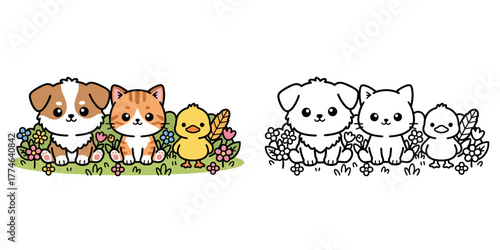 Cute Cartoon Puppy, Kitten, and Duckling with Flowers, Illustration