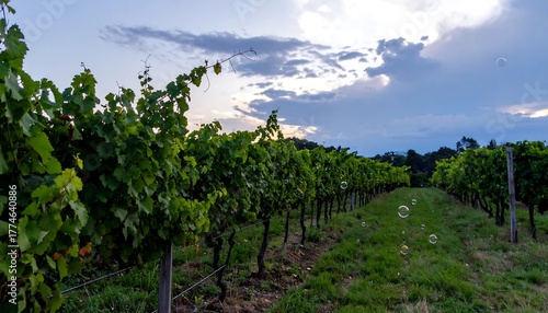 Lush green vineyard rows stretch into the distance, bathed in the soft light of a cloudy sunset. A few bubbles float in the air