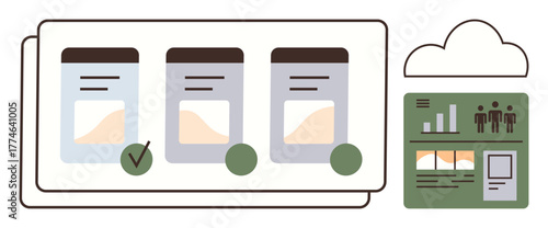 Files displayed with selection checkmark, graphical dashboard with statistics, and cloud. Ideal for data storage, productivity, workflow, business analytics, organization, project management simple