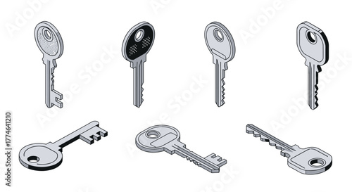 Collection of various modern isometric key designs, including standing and lying keys with distinct bitting, for themes of access and security.