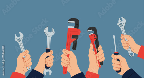Diverse hands hold an assortment of essential tools like wrenches and a screwdriver, symbolizing repair, maintenance, and skilled labor.