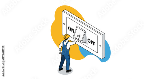 Worker in overalls and hard hat operating a large electrical switch, moving it from the 'OFF' position to 'ON'.