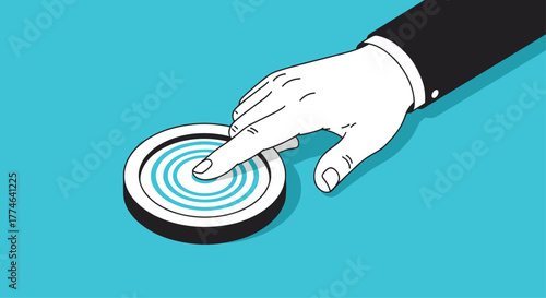 An illustration depicts a business person's hand pressing a modern circular button with a ripple design on a teal background.