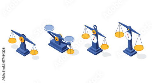 A collection of four distinct isometric weighing scales, featuring traditional balance beam scales with pans and modern designs with integrated dials.