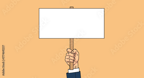 A hand in a blue suit sleeve holds up a blank white rectangular protest sign against a simple orange background.