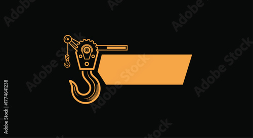 A stylized orange outline illustration of a heavy-duty industrial hoist hook with a gear mechanism and a blank text banner on a black background.